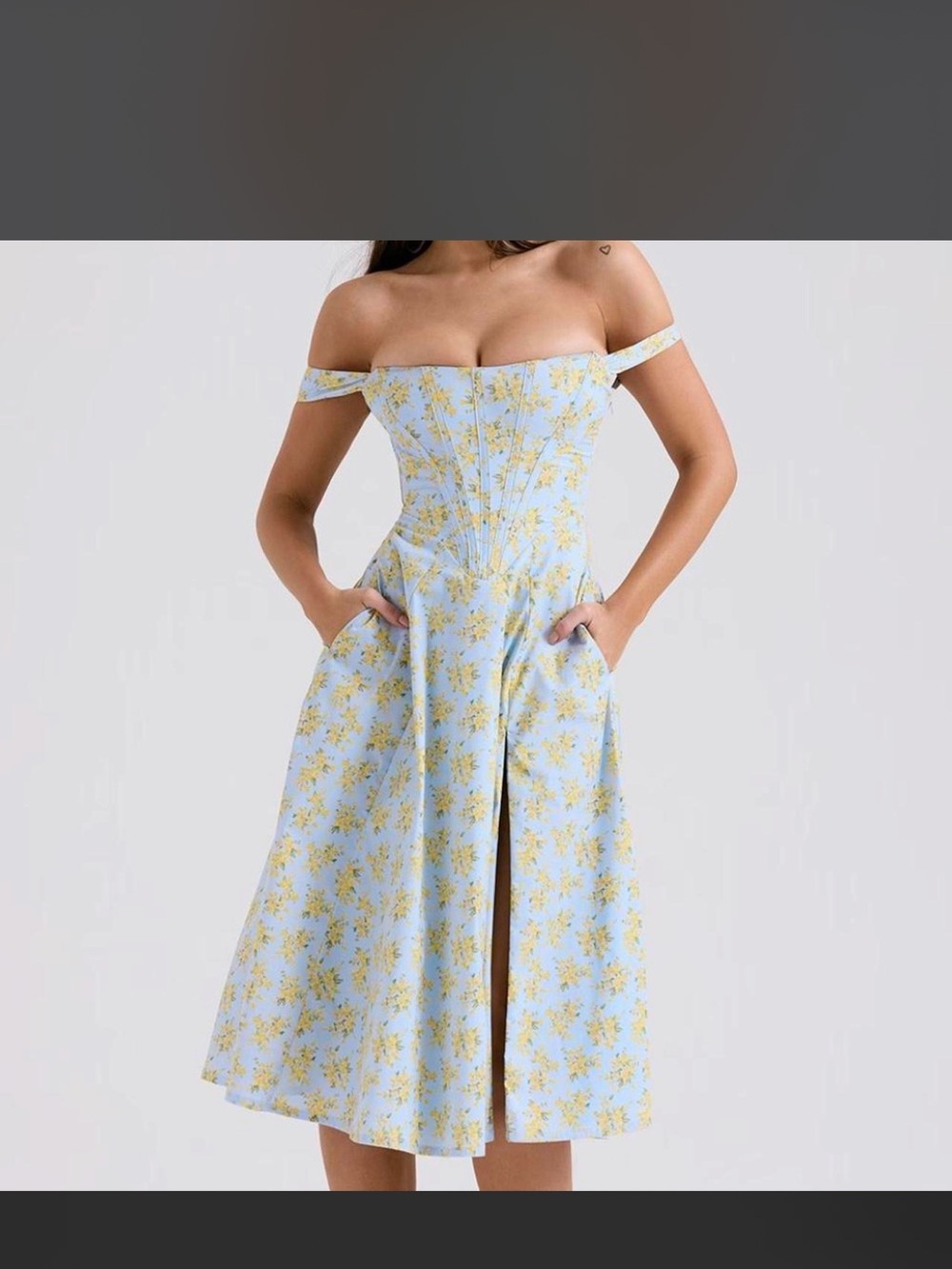 House of CB Light Blue Midi Dress with Yellow Floral Motif